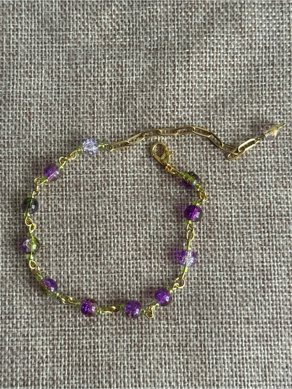 HANDMADE Gold Chain Bracelet with Purple and Green Glass Beads